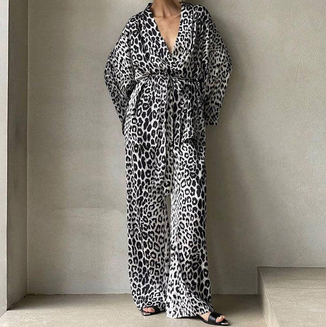 Leopard Print Long-sleeved Trousers Lace-up Suit Fashion New Two-piece Suit Women - Royalessencelux