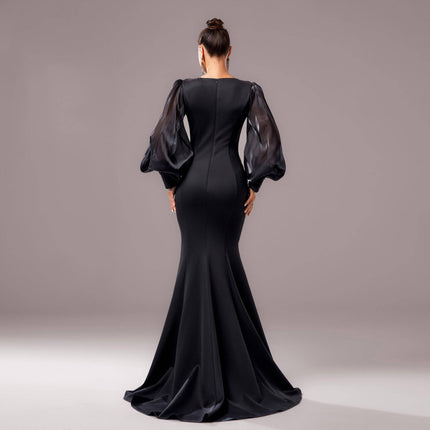 Long Sleeve Round Neck Banquet Applique Sheath Fishtail Dress - Royalessencelux