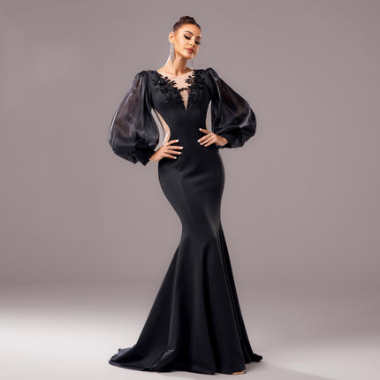 Long Sleeve Round Neck Banquet Applique Sheath Fishtail Dress - Royalessencelux