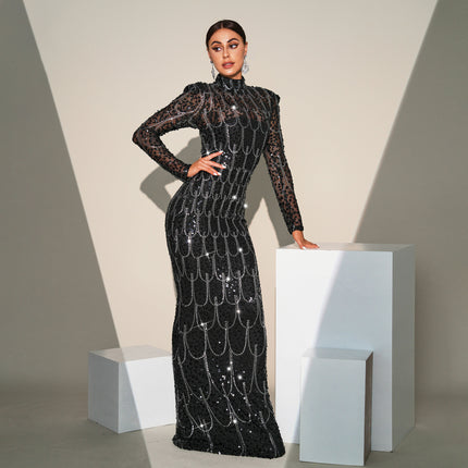 Long Sleeve Round Neck Slim-fit Sequined Banquet Evening Dress - Royalessencelux