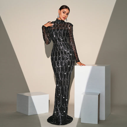 Long Sleeve Round Neck Slim-fit Sequined Banquet Evening Dress - Royalessencelux
