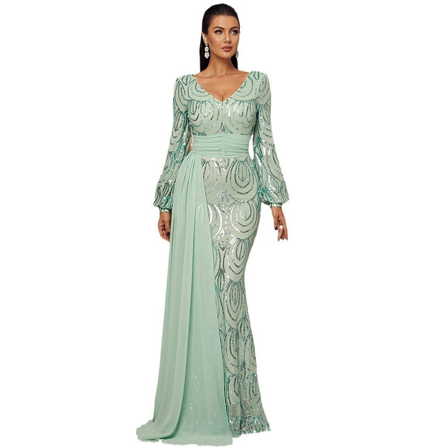 Long Sleeve Sexy Long Sequined V-neck Banquet Ribbon Evening Dress - Royalessencelux