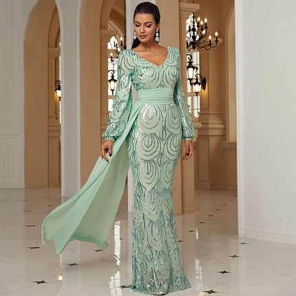 Long Sleeve Sexy Long Sequined V-neck Banquet Ribbon Evening Dress - Royalessencelux