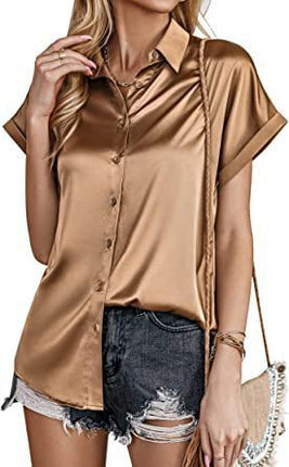 Multicolor Silk Short Sleeve Satin Button Shirt Casual Loose Top - Royalessencelux