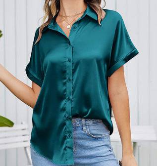 Multicolor Silk Short Sleeve Satin Button Shirt Casual Loose Top - Royalessencelux