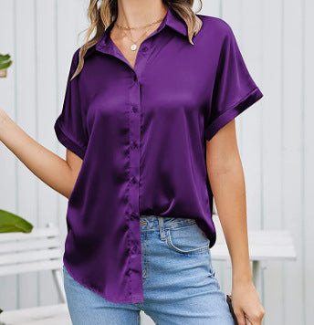 Multicolor Silk Short Sleeve Satin Button Shirt Casual Loose Top - Royalessencelux