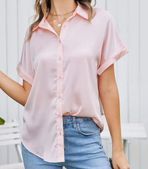 Multicolor Silk Short Sleeve Satin Button Shirt Casual Loose Top - Royalessencelux