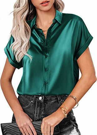 Multicolor Silk Short Sleeve Satin Button Shirt Casual Loose Top - Royalessencelux