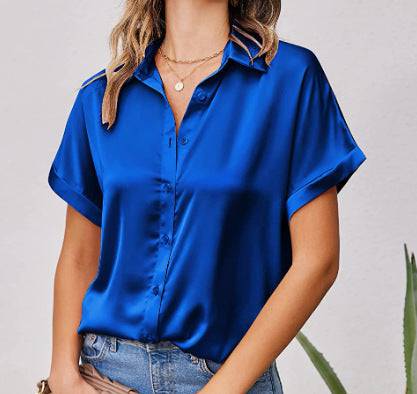 Multicolor Silk Short Sleeve Satin Button Shirt Casual Loose Top - Royalessencelux