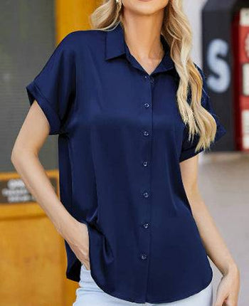 Multicolor Silk Short Sleeve Satin Button Shirt Casual Loose Top - Royalessencelux