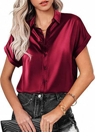 Multicolor Silk Short Sleeve Satin Button Shirt Casual Loose Top - Royalessencelux