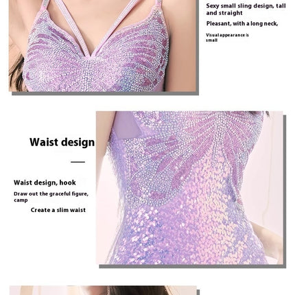 New Sequined Evening Dress Autumn And Winter Purple French Style High Sense Banquet - Royalessencelux