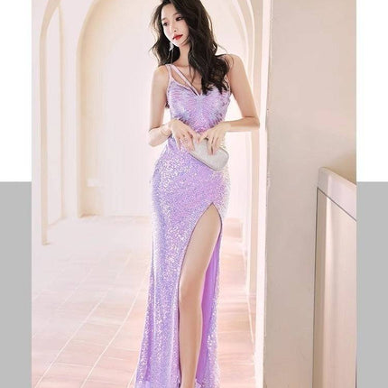 New Sequined Evening Dress Autumn And Winter Purple French Style High Sense Banquet - Royalessencelux