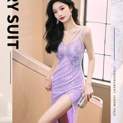 New Sequined Evening Dress Autumn And Winter Purple French Style High Sense Banquet - Royalessencelux