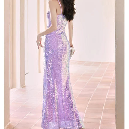 New Sequined Evening Dress Autumn And Winter Purple French Style High Sense Banquet - Royalessencelux