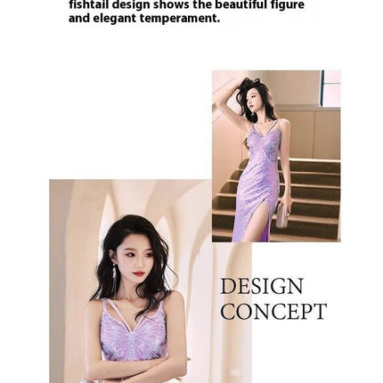 New Sequined Evening Dress Autumn And Winter Purple French Style High Sense Banquet - Royalessencelux