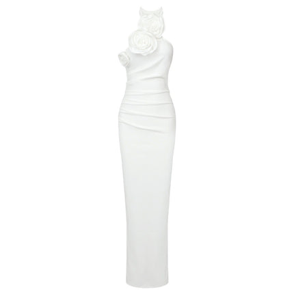 New Style White Ribbon Flower Halter Long High Sense Dress - Royalessencelux