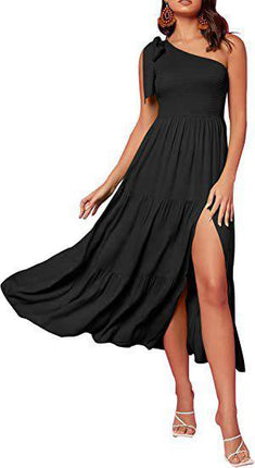New Summer Fashion Women's One-shoulder Pleated Layered Hem Split Dress - Royalessencelux