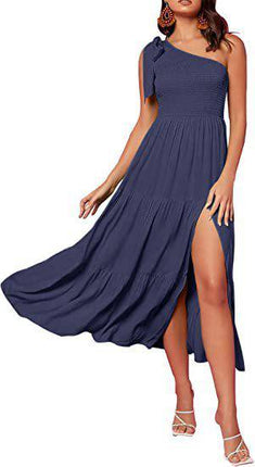 New Summer Fashion Women's One-shoulder Pleated Layered Hem Split Dress - Royalessencelux