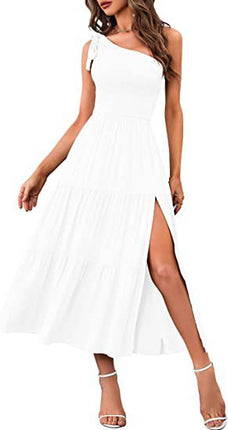 New Summer Fashion Women's One-shoulder Pleated Layered Hem Split Dress - Royalessencelux