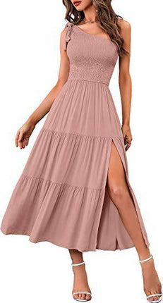 New Summer Fashion Women's One-shoulder Pleated Layered Hem Split Dress - Royalessencelux