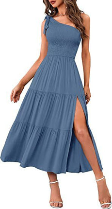 New Summer Fashion Women's One-shoulder Pleated Layered Hem Split Dress - Royalessencelux