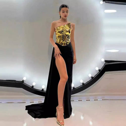 One-shoulder Leather Top Slit Mop Black Dress Two-piece Set Sexy Lacing Backless Light Dress - Royalessencelux