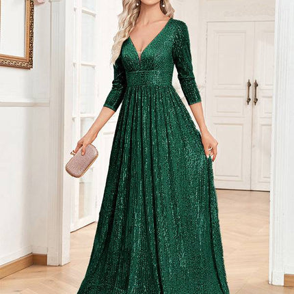 Sequined Fall V-neck High Waist Party Formal Dress - Royalessencelux