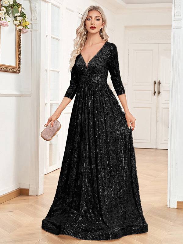 Sequined Fall V-neck High Waist Party Formal Dress - Royalessencelux