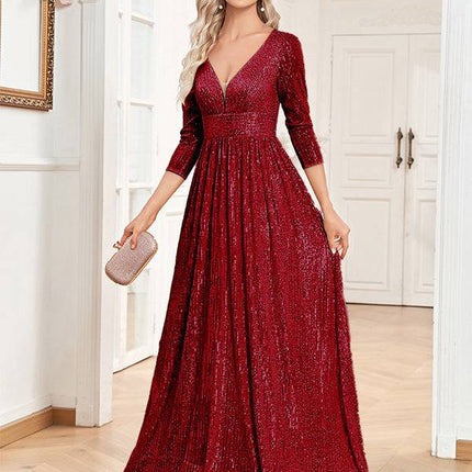 Sequined Fall V-neck High Waist Party Formal Dress - Royalessencelux