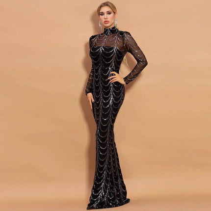 Sequins Women Maxi Dresses Long Sleeve Female Party Dresses - Royalessencelux