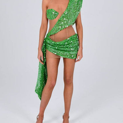 Sexy See-through Sequins Elegant Shoulder Stitching Dress - Royalessencelux