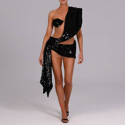 Sexy See-through Sequins Elegant Shoulder Stitching Dress - Royalessencelux