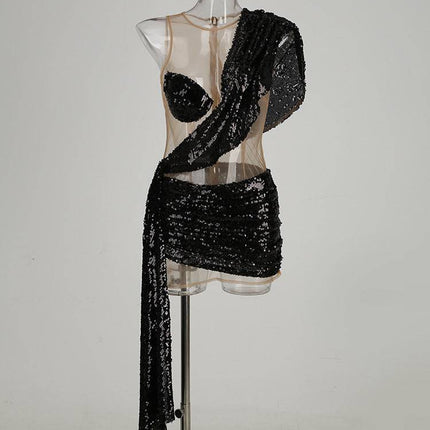 Sexy See-through Sequins Elegant Shoulder Stitching Dress - Royalessencelux