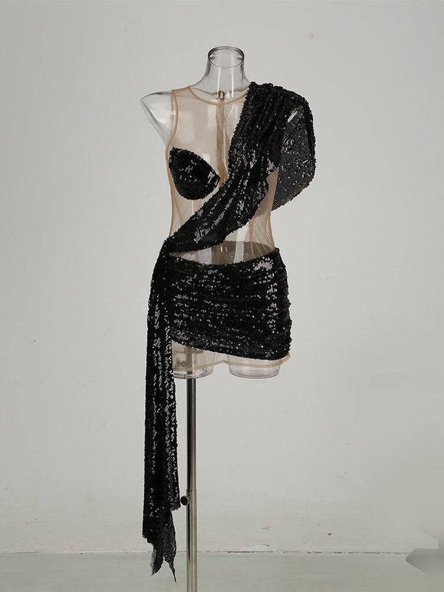 Sexy See-through Sequins Elegant Shoulder Stitching Dress - Royalessencelux