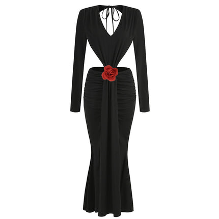 Sexy V-neck Backless Long Sleeves Skirt Waist Decorative Flower Split Fishtail Gown Dress Long - Royalessencelux