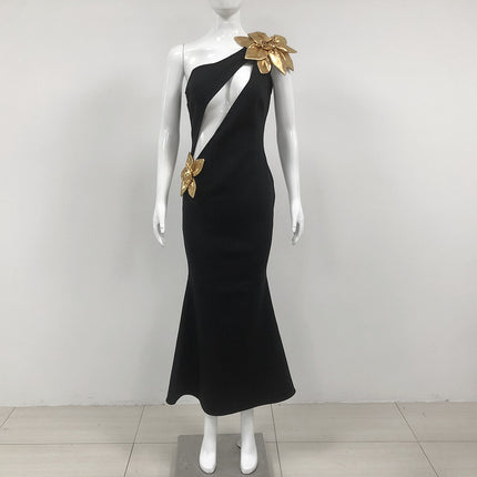 Slim-fit Bandage Golden Flower Maxi Dress - Royalessencelux