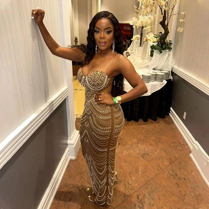 Sling Hot Drilling Foam Beads Evening Dress - Royalessencelux