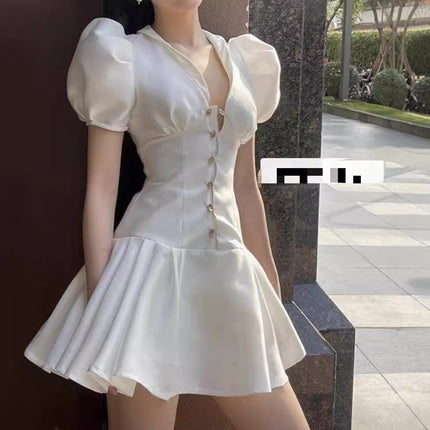 Sweet Satin Dress V-neck Fitted Waist Pleated Skirt - Royalessencelux