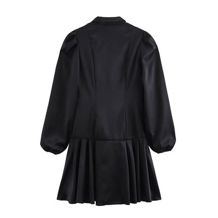 Sweet Satin Dress V-neck Fitted Waist Pleated Skirt - Royalessencelux