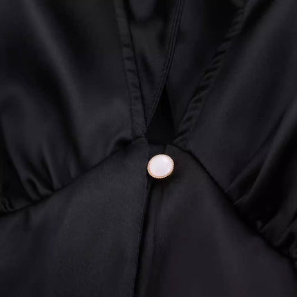 Sweet Satin Dress V-neck Fitted Waist Pleated Skirt - Royalessencelux