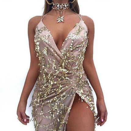 V-neck Sexy Halter Strap Sequin Dress - Royalessencelux