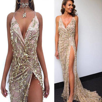 V-neck Sexy Halter Strap Sequin Dress - Royalessencelux