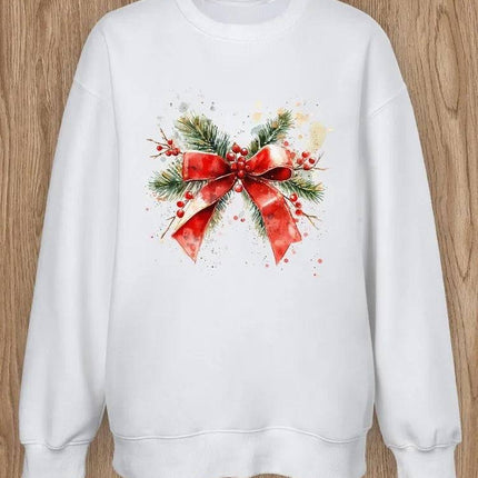 Women Basic Casual Pullover Spring Autumn Long Sleeve Christmas Ribbon Printed Round Neck - Royalessencelux