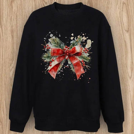 Women Basic Casual Pullover Spring Autumn Long Sleeve Christmas Ribbon Printed Round Neck - Royalessencelux