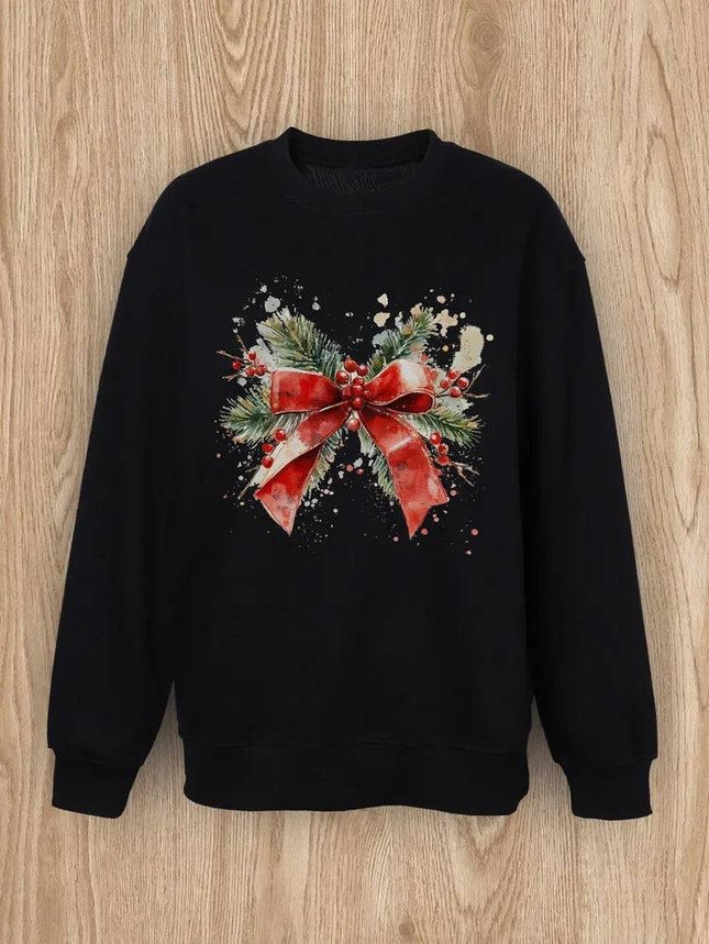 Women Basic Casual Pullover Spring Autumn Long Sleeve Christmas Ribbon Printed Round Neck - Royalessencelux