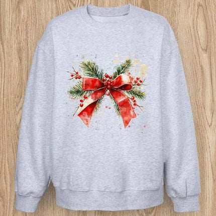 Women Basic Casual Pullover Spring Autumn Long Sleeve Christmas Ribbon Printed Round Neck - Royalessencelux