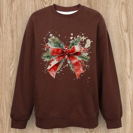Women Basic Casual Pullover Spring Autumn Long Sleeve Christmas Ribbon Printed Round Neck - Royalessencelux