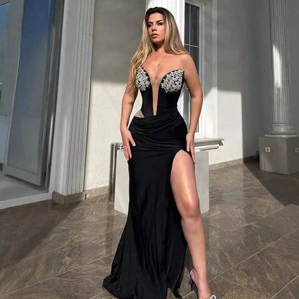 Women's Black Bandeau Slim-fit Hot Drilling Long Dress - Royalessencelux