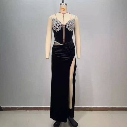 Women's Black Bandeau Slim-fit Hot Drilling Long Dress - Royalessencelux
